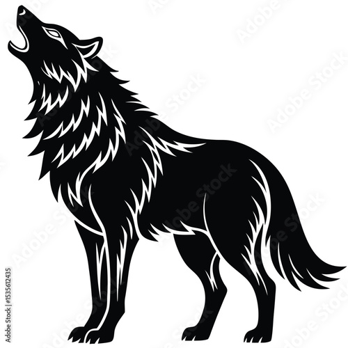 Majestic black silhouette of a howling wolf isolated on a white background