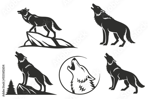 Set of monochrome wolf illustrations showcasing various poses and howling gestures on white background