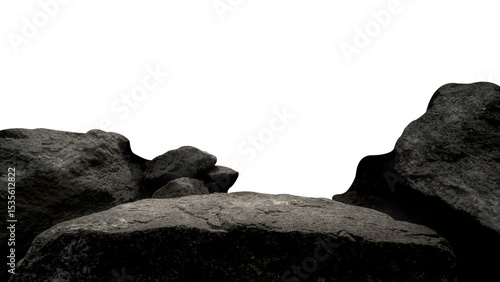 Bild auf Leinwand Black rock stone isolated white background, Cliff mountain edge black formation