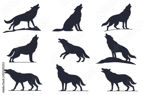 Silhouette illustration of various howling wolves in different poses on a white background