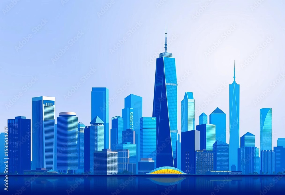 Fototapeta premium Flat style illustration of a modern blue city skyline with skyscrapers and high-rises, illustration art, city