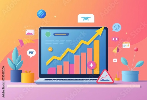 Flat design illustration of online PPC campaign management, showing upward trending traffic graph and targeted advertising icons,  data,  click