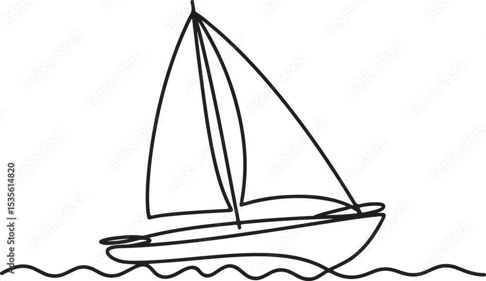 continuous line drawing of a sailboat with a single sail floating on gentle waves in black and white silhouette style continuous line drawing of a sailboat with a single sail floating on gentle waves in black and white silhouette style
