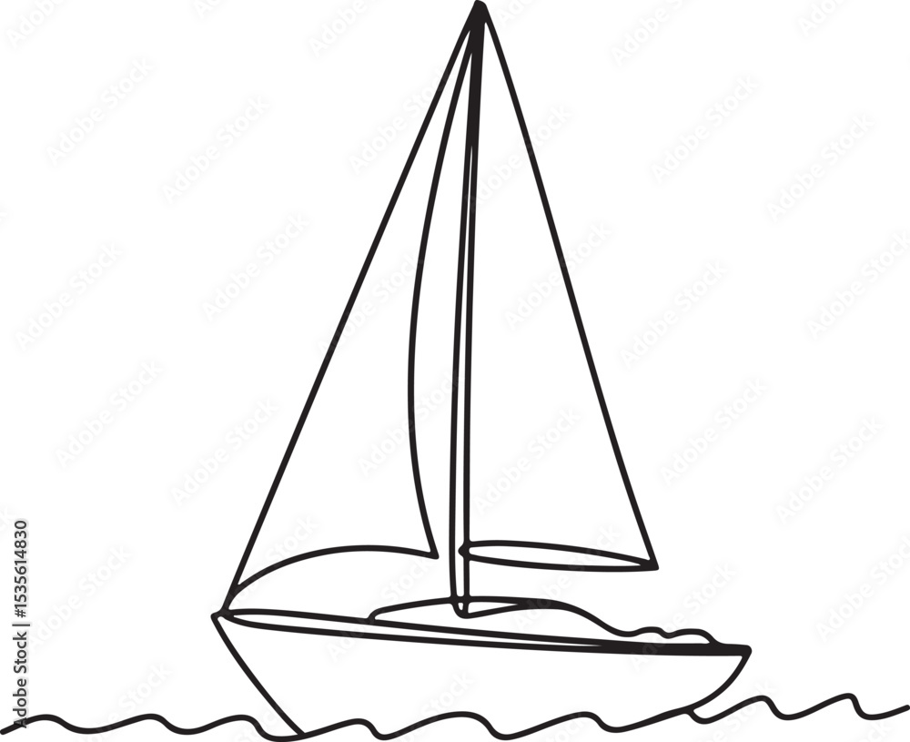 continuous line drawing of a sailboat with a single sail floating on gentle waves in black and white silhouette style continuous line drawing of a sailboat with a single sail floating on gentle waves in black and white silhouette style