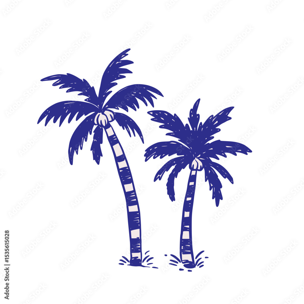 Fototapeta premium Summer Palm Tree Beach Retro Sketch Whimsical Doodle Illustration Palm Trees Paradise