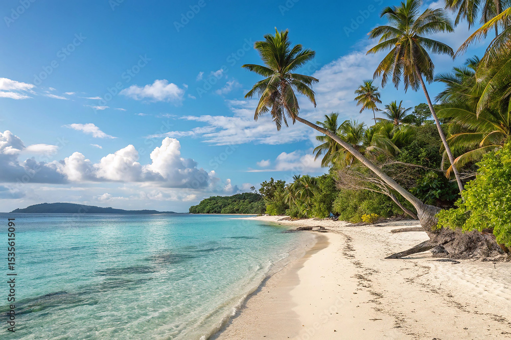 Fototapeta premium Beautiful tropical beach scene with crystal clear water and lush palm trees under blue sky