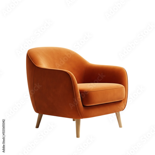 Modern burnt orange velvet armchair isolated on transparent background