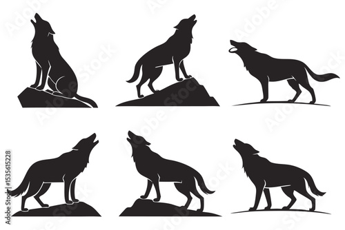 Silhouetted wolves howling in various poses against a white background vector illustration