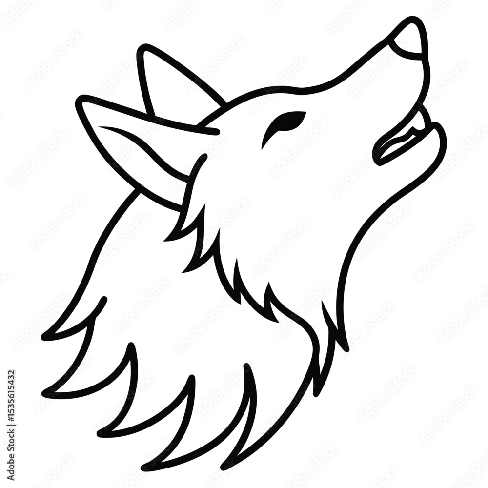 Simple black and white illustration of a wolf head in a howling pose isolated Simple black and white illustration of a wolf head in a howling pose isolated