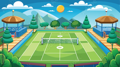 Illustrated Tennis Court with Mountains, Gazebos, Trees, and Bright Sunlight Landscape Scene