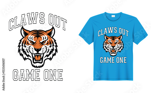 Detailed tiger illustration with powerful expression and bold typography for activewear and print design