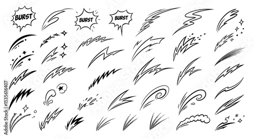 Hand-Drawn Comic Book Speed Lines and Burst Effects Vector Illustration Set