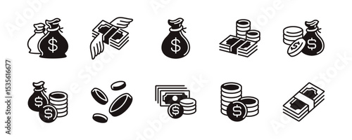 Money financial icon line set. Economy coin and dollar cash, Payment, Business Profit, Banking, Payment, Income, Earning signs outline vector illustration for web and app