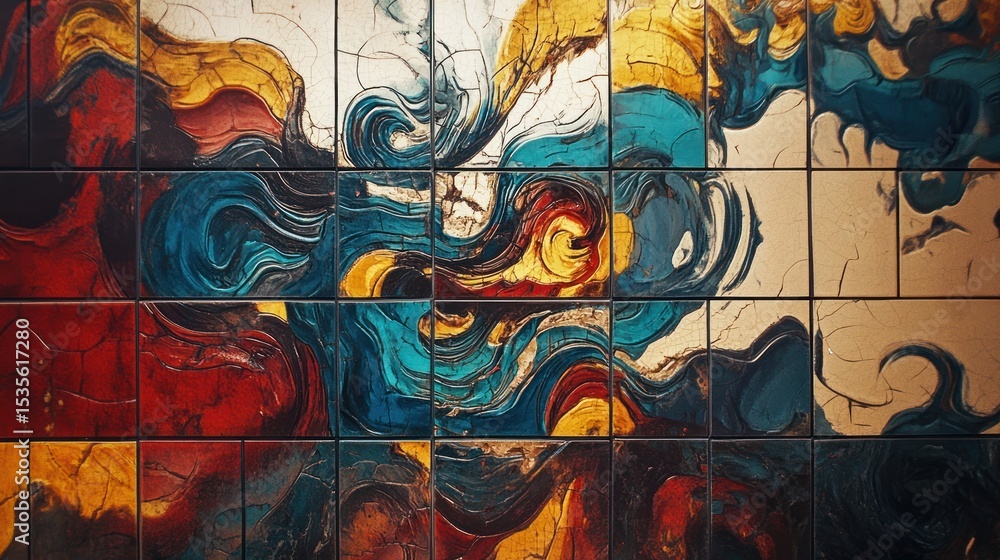 Colorful abstract painting presented as tiled squares with unique patterns Colorful abstract painting presented as tiled squares with unique patterns
