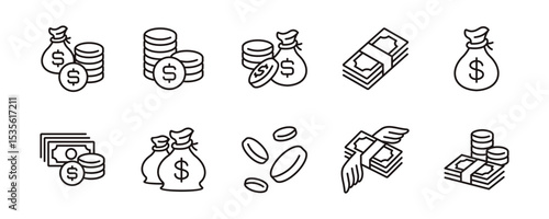 Money line icon set. Cash dollar, Money wealth, Donation, Tips, Earning, Income, Business profit, Loan, Savings signs vector illustration. Financial accounting coin and dollar outline designs