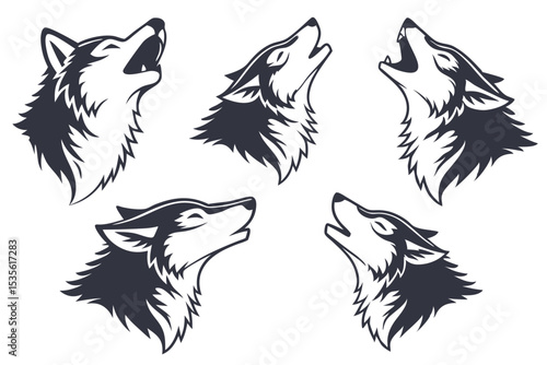 Vector illustration of five howling wolf heads in a simplistic monochromatic line art style