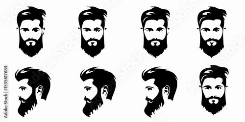 Illustration showing a set of eight stylized bearded men faces with different angles and hair styles created with generated ai