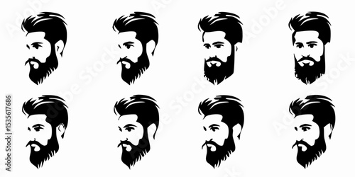 Collection of eight men with beards and stylish haircuts in black and white vector illustration art created with generated ai