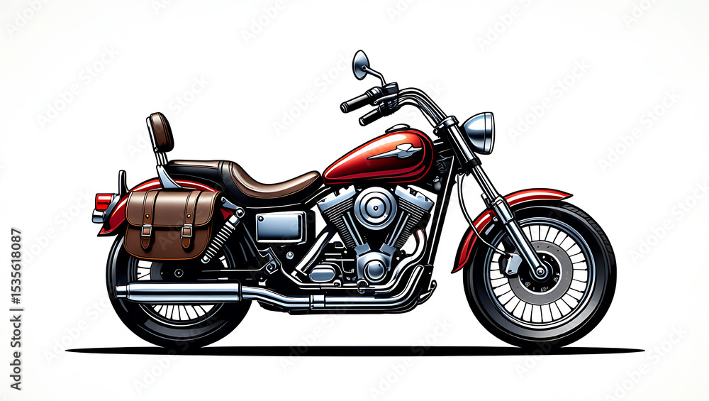Detailed Illustration of a Classic Red Motorcycle with Leather Saddlebags and Chrome Accents on a White Background Perfect for Transportation and Vehicle Enthusiasts Detailed Illustration of a Classic Red Motorcycle with Leather Saddlebags and Chrome Accents on a White Background Perfect for Transportation and Vehicle Enthusiasts