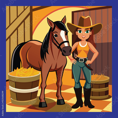 Cartoon Cowgirl with Her Horse in a Barn with Hay Illustration