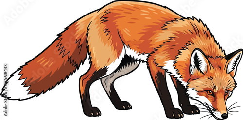 Illustration of a red fox with white tipped tail and black legs sniffing the ground on a white background