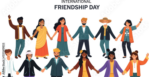 International friendship day illustration with diverse people holding hands in unity and celebration