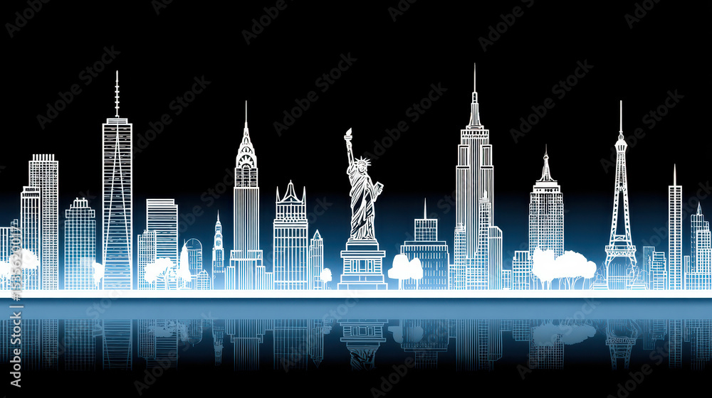 Fototapeta premium Silhouette depiction of city skyline featuring iconic landmarks and reflections