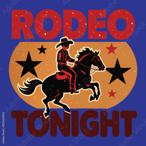 Vintage Rodeo Tonight Poster with Cowboy Riding Horse and Star Accents