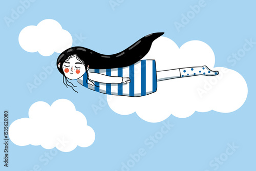 Dreamy flying girl in the clouds: hand-drawn contour doodle. Concept of daydreaming, reflecting fantasies, serenity, flight, imagination, calmness, and mental freedom