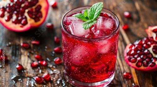 Wallpaper Mural Refreshing pomegranate drink with ice and mint on wooden table for summer Torontodigital.ca