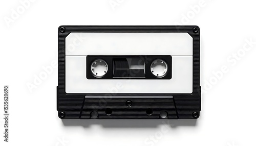 Blank white video cassette tape mockup, Black and white retro design. Vintage tape for old stereo music player. Music recording concept. Nostalgia for 70s 80s 90s, created with generative ai	