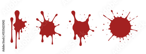 Set of red ink splatter shapes with drip effects in grunge vector style isolated on white background