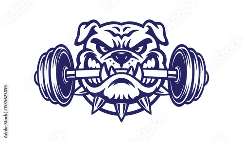 Illustration of an angry bulldog with a dumbbell in his teeth. Vector illustration on a white background