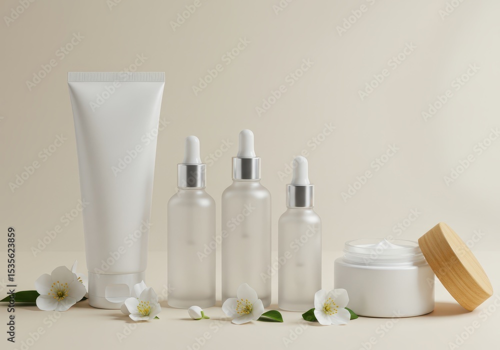 A set of skincare products including a tube, bottles, and a jar, arranged with jasmine flowers on a beige background A set of skincare products including a tube, bottles, and a jar, arranged with jasmine flowers on a beige background