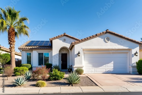 Modern white house with solar panels desert landscaping