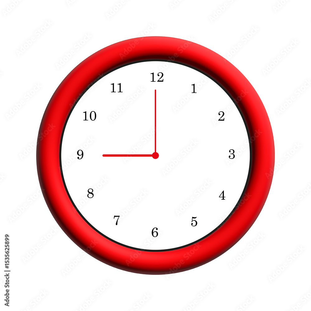 Red Framed Clock Showing Nine O'Clock Isolated on White Background in High Resolution Red Framed Clock Showing Nine O'Clock Isolated on White Background in High Resolution