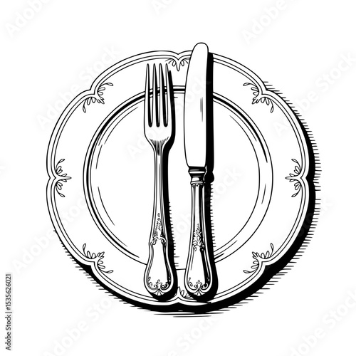 Elegant table setting with fork and knife on decorative plate