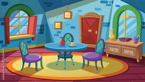 Cartoon Room Interior Table, Chairs, Windows, Door, Decor and Furniture Illustration
