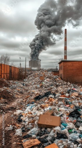 mountain of garbage waste plastic bottles packages of rotting food	

