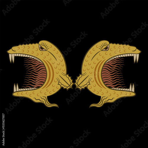 Symmetrical design with two heads of fantastic monsters. Medieval symbol.