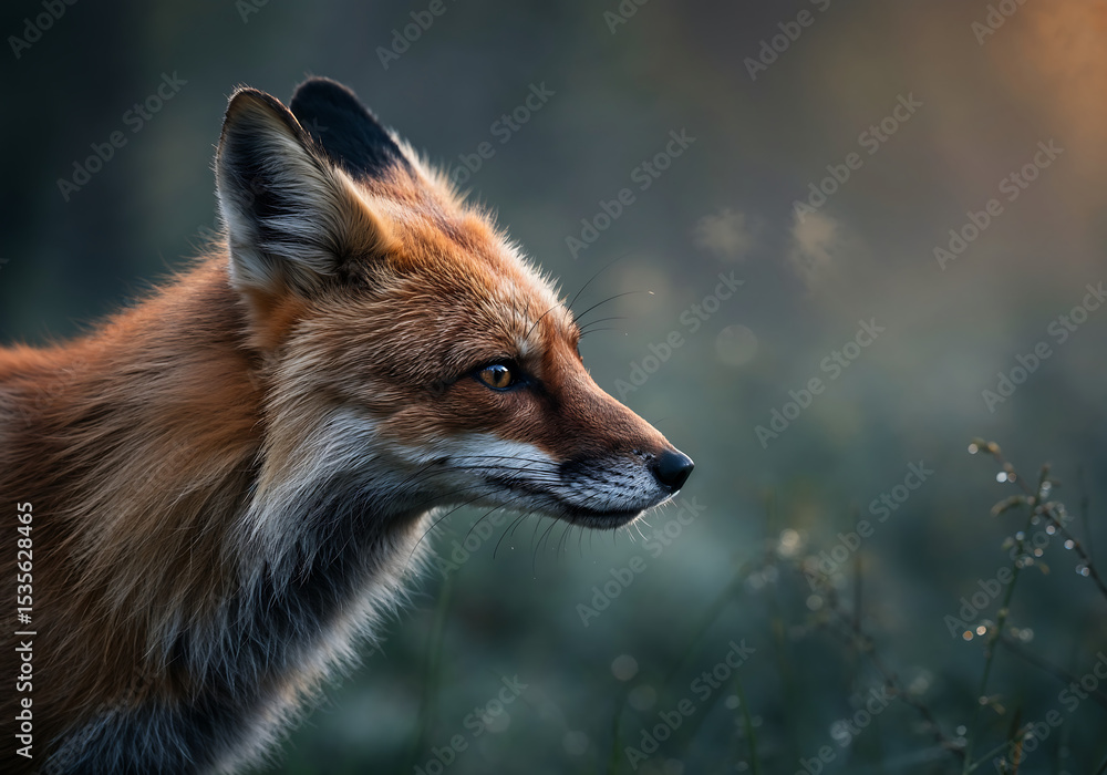 Fototapeta premium Photorealistic Close-Up Fox in Misty Dawn Forest