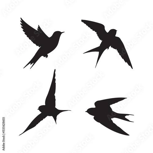 black silhouette or illustration of a swallow set white background