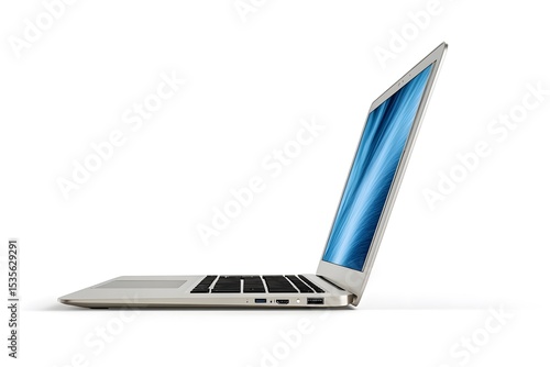 Sleek Silver Laptop Displaying Abstract Blue Pattern on White Background