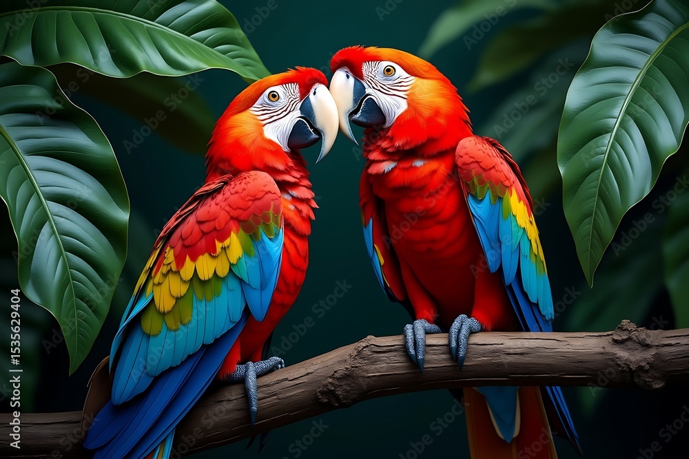 Naklejka premium Two scarlet macaws perched on branch tropical leaves