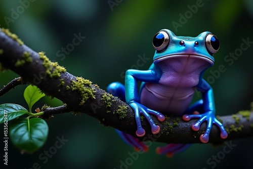 Vibrant blue and purple rainforest frog on mossy branch