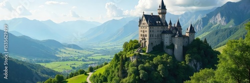 Majestic medieval castle perched atop a verdant hill, overlooking a sprawling valley and distant mountains Serene landscape, perfect for fantasy or historical settings , travel, breathtaking, nature