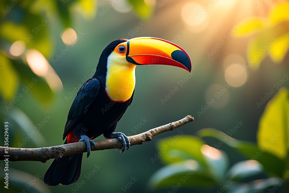 Naklejka premium Vibrant keel-billed toucan perched on branch in lush rainforest sunlight