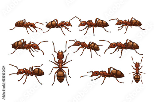 "Realistic Ant Vector Illustrations – Detailed Insect Icons in Various Poses and Angles"

