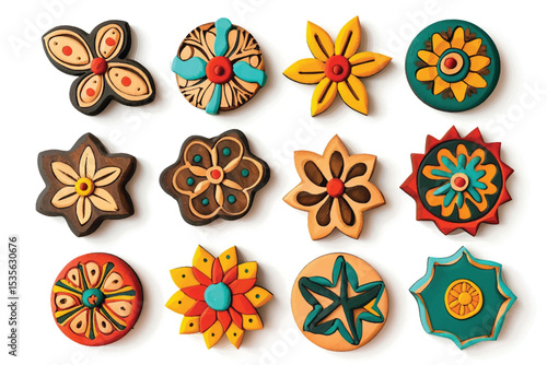 Floral Set in Retro 1970 Peace Style. Collection of Floral Seventies Elements. Groovy Flowers. Hand Drawn Vector Illustration. Trendy 70s. Designed for fabric, textile, printing.