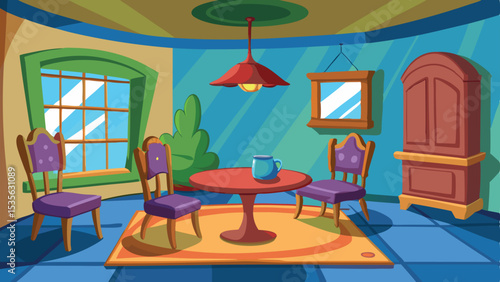 Cartoon Dining Room Interior with Table, Chairs, Rug, and Decorative Elements Illustration